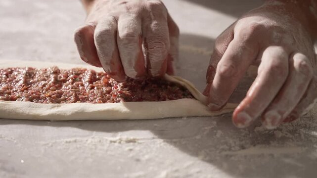Male hands spreading minced meat on a long flat dough for making a traditional Turkish pide, fa01