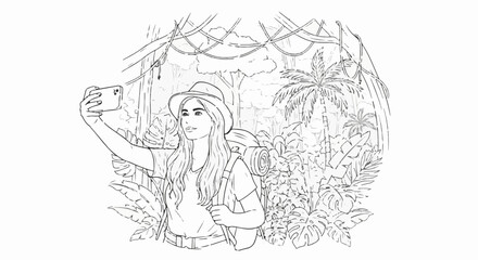 Obraz premium A person with a backpack and hat taking a selfie in a lush jungle
