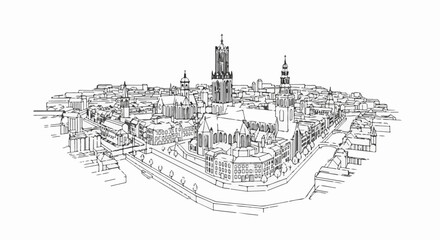Fototapeta premium Stylized line art sketch of a European city with prominent cathedral spires and a canal