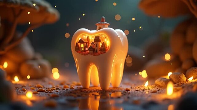 cartoon tooth fairy village inside giant hollow molar tooth with tiny fairy lights,  magical background