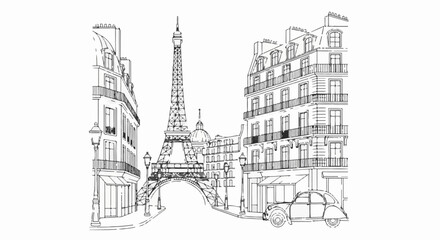Fototapeta premium Parisian street scene with iconic tower and vintage car