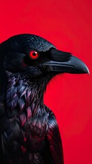 Obraz premium Majestic Black Raven with Striking Red Eye against a Vibrant Red Background
