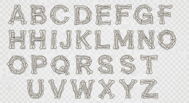Alphabet characters formed from bone pieces on a gray checkered background