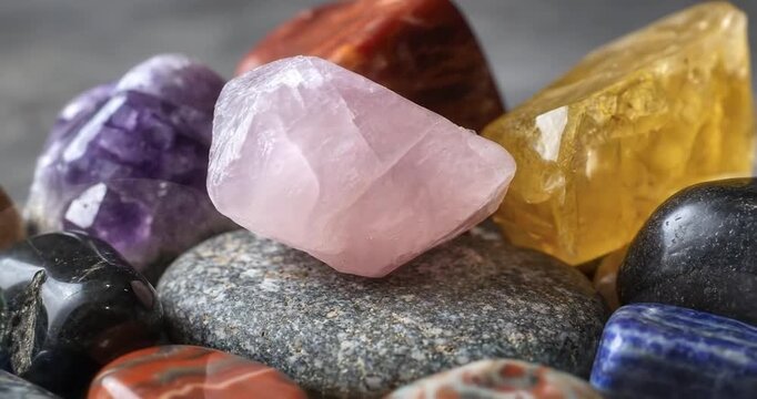 A vibrant collection of natural, raw, and tumbled gemstones fills the frame in a captivating close-up, showcasing their diverse beauty and rich textures. Various hues, including delicate pink, deep pu