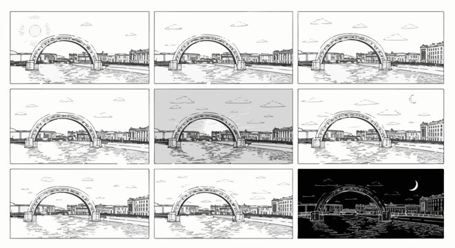 Arch bridge over water, showing transitions from day to night
