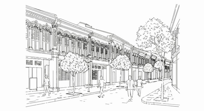 Architectural sketch of a street lined with historic buildings and trees