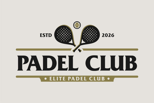 Illustration vector of vintage padel club logo with crossed racquets and ball, retro stamp badge style suitable for padel tournament, elite padel club identity and padel tennis sports branding design