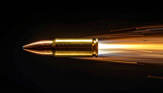 Golden bullet flying at high speed with fiery trail and motion blur on a black background