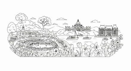 Fototapeta premium Idyllic sketch of a waterfront with ornate buildings, yachts, and blooming flowers