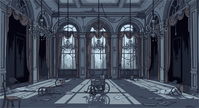 Eerie pixel art of a grand hall in disrepair with chandeliers