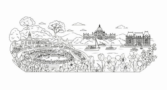 Idyllic sketch of a waterfront with ornate buildings, yachts, and blooming flowers