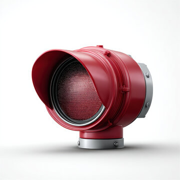 Red stop signal isolated on white background, industrial warning light, safety equipment, emergency alert, metallic housing, caution concept