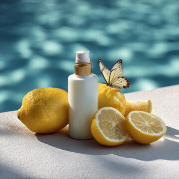 Lemon butterfly white spray bottle citrus fruit summer poolside fresh natural skincare sunlight relaxation