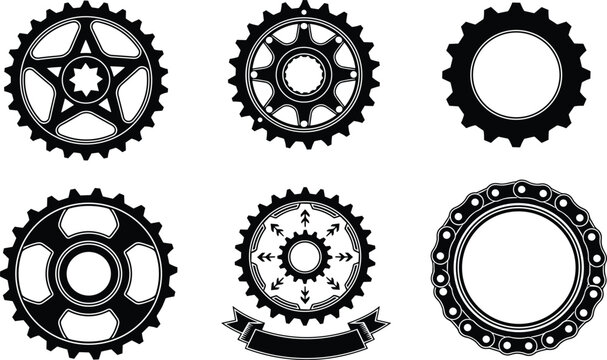 Black Silhouette Mechanical Gear Cog Wheel Icon Set with Star Sprocket Chain Ring Ornament Banner Vector Design Collection for