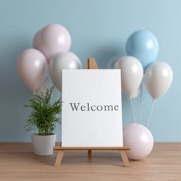 Welcome sign on blank white canvas easel with pastel balloons, potted plant, wooden floor, blue wall, cheerful party atmosphere