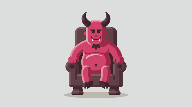 Devil mascot with a friendly smile sits on a simple brown armchair in a minimalist vector style illustration designed for corporate branding or playful digital communication and web design.