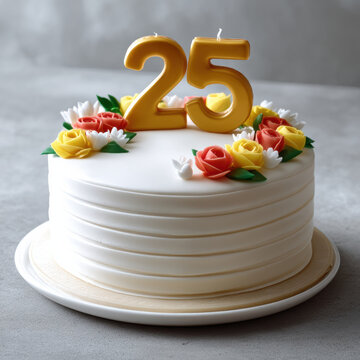 White cake with yellow and red flower decoration, number 25 candle, elegant celebration, birthday, anniversary, joyful mood