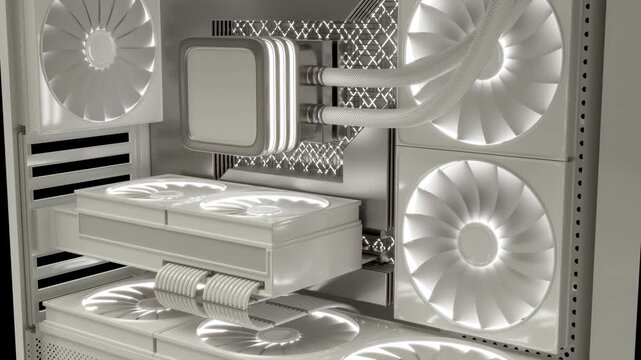 Operation of a modern white computer system unit with fans and white lighting. 3d animation