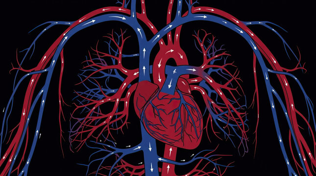 Human heart anatomy with arteries and veins showing blood flow direction in red and blue colors on black background, detailed cardiovascular system illustration with emotional clarity