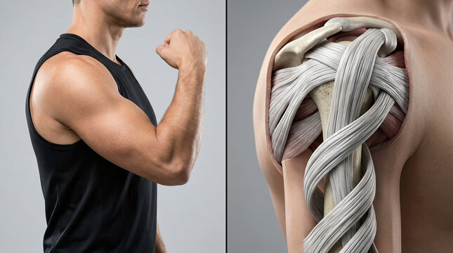 Muscle arm strain repetitive exercise concept showing human anatomy of shoulder tendon and bone with strong muscular man in black sleeveless shirt flexing bicep in side view