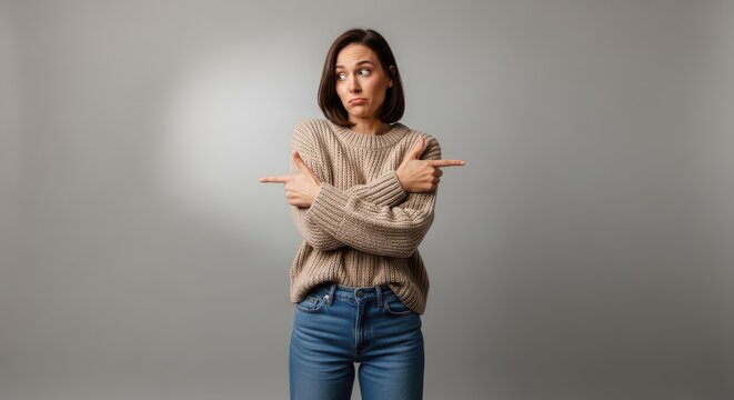 Young woman stands looking away while pointing in two different directions with both hands.