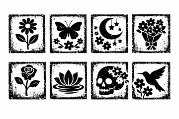 Fototapeta premium Distressed Rectangular Badge Icons in Black and White Featuring Inked Butterfly, Crescent, Stars, Rose, Lotus Blossom, Skull, and Hovering Hummingbird Motifs in a Weathered Woodcut Stamp Aesthetic