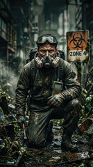 Fototapeta premium Man in gas mask and tactical gear kneeling in a contaminated quarantine zone. Survivor exploring a post-apocalyptic biological disaster area. Sci-fi survival concept in a decayed city.