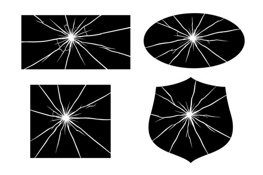Set of black silhouettes showing cracked and broken mirrors in four shapes: rectangle, oval, square, and shield. Minimalist flat vector illustration of shattered glass with impact crack lines.