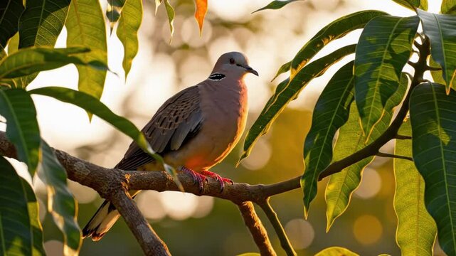 Tranquil moment: Close-up of a turtle dove perched on a branch, bathed in soft golden sunlight.