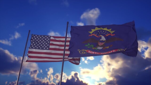 American and North Dakota State Flags Waving Against Dramatic Blue Sky