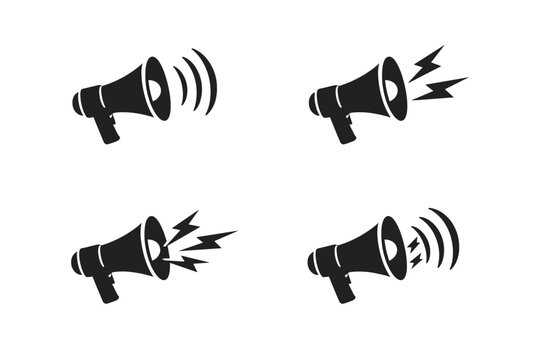Set of Four Black Megaphone Icons with Sound Waves and Lightning Bolts, Flat Vector Illustration of Bullhorns for Marketing, Advertising, Public Announcements, Protest, and Emergency Alerts.