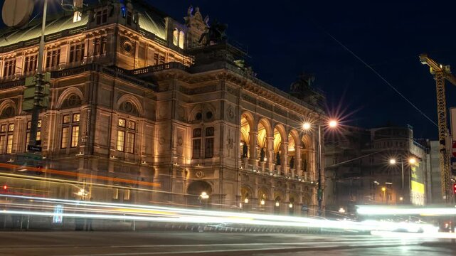 Timelapse Vienna Opera at night. Travel to Austria