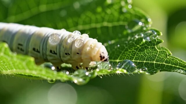 Close up view of silkworm caterpillar crawling across fresh green leaf with water droplets in bright sunlight