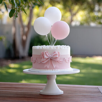 Elegant pink and white cake with fondant bow and balloons, perfect for birthday or celebration, displayed outdoors on cake stand