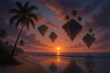 Obraz premium Serene sunset view with floating islands above a tranquil beach