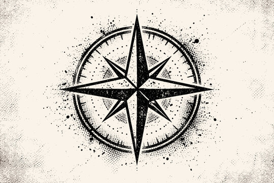 Vintage Grunge Compass Rose Vector Illustration with Halftone Texture and Ink Splatter Effects, Nautical Navigation Symbol for Travel, Adventure, and Map Design, Isolated on Light Background.
