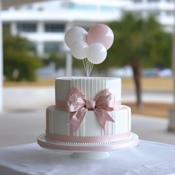 White pink cake with fondant bow and balloon topper, elegant two tier design for birthday or wedding celebration, outdoor setting
