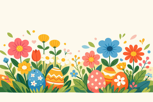Happy Easter Floral Background with Colorful Spring Flowers and Decorated Eggs in a Modern Flat Vector Illustration Style, Perfect for Greeting Cards, Banners, and Seasonal Nature Decorations.