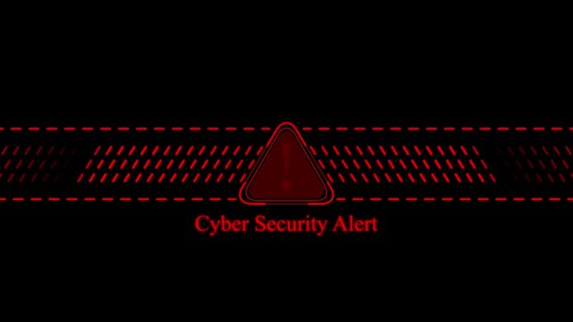 Cyber security alert warning sign with pulsing digital data lines, red emergency notification motion background