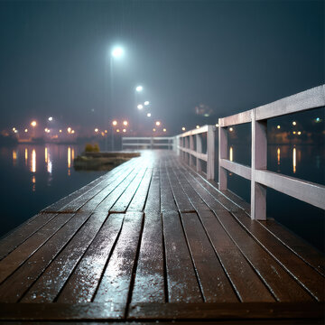 Empty wooden pier at night with wet surface, illuminated by streetlights, calm water, peaceful atmosphere, city lights reflection