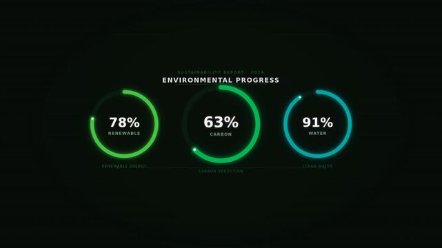Sustainability progress report displaying metrics on renewable energy, carbon reduction, and water purity