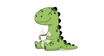 Fototapeta premium Adorable little green dinosaur sitting on the ground and holding a small white cup of steaming hot coffee with a smile.