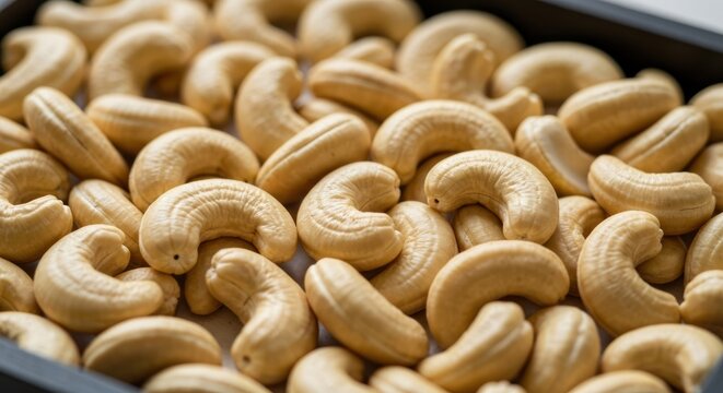 Close-up view of a heap of light-brown, crescent-shaped cashew nuts