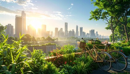 Fototapeta premium sunrise over modern city skyline with bicycle in urban garden oasis