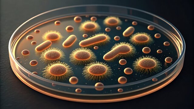 Microscopic View of Bacteria Colonies in Petri Dish with Fluid
