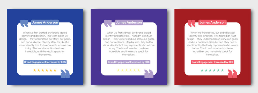 Client testimonial social media template with quote speech bubble, customer review card, business feedback banner with rating stars and engagement growth 