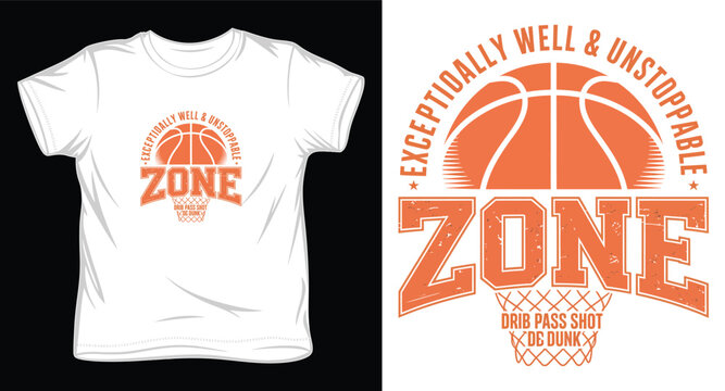 Basketball t-shirt design zone concept for sports apparel featuring graphic with basketball and hoop.