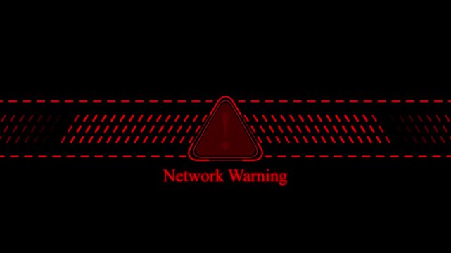 Digital network warning alert sign with red glowing warning triangle and animated data stream background overlay