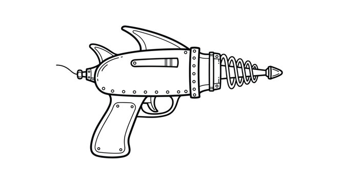 Retro science fiction ray gun illustration featuring fins and a coiled barrel design in black and white line art.