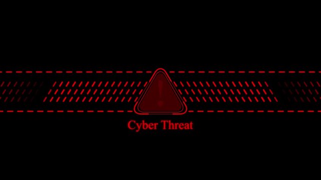 Cyber threat warning alert animation with red digital warning triangle and glitch data stream background